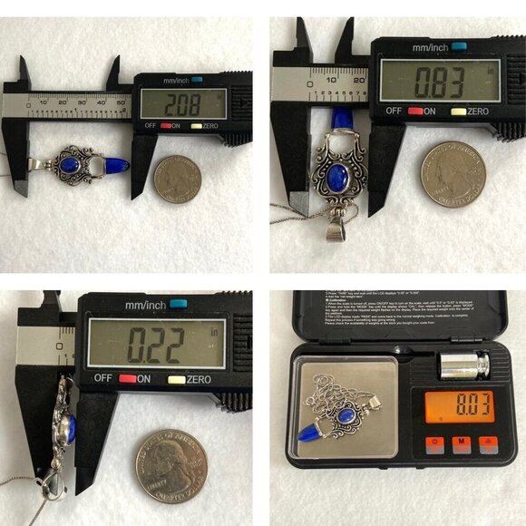 Sterling Silver 925 Lapis Lazuli Scrollwork 2 Stone Pendant Necklace 18" Chain - Picture 10 of 16